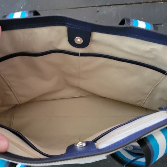 Cole Haan NWT Summer Canvas Tote Natural Navy Grand Series Leather Trim - Picture 10 of 12